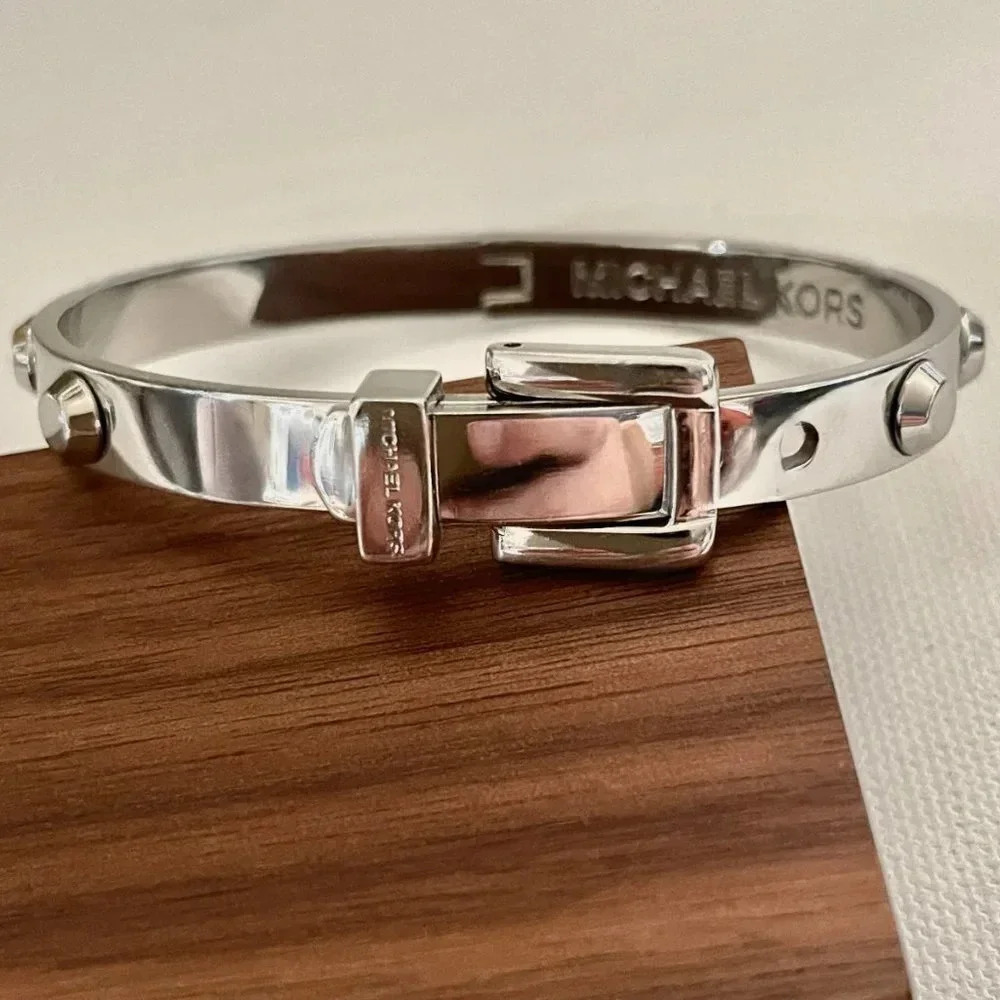 Michael Kors Astor Silver Buckle Bracelet With Studs Hinge Closure 2 adjustments